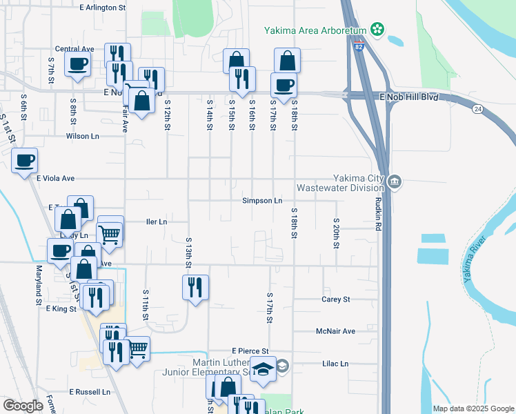 map of restaurants, bars, coffee shops, grocery stores, and more near 1623 South 16th Street in Yakima