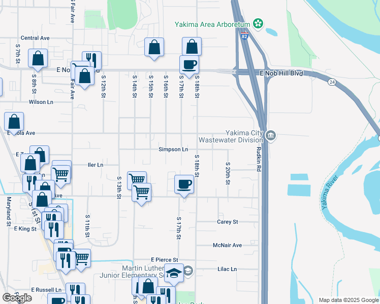 map of restaurants, bars, coffee shops, grocery stores, and more near 1704 E Viola Ave in Yakima