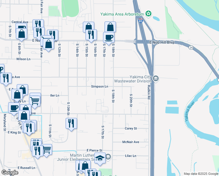 map of restaurants, bars, coffee shops, grocery stores, and more near 1704 E Viola Ave in Yakima