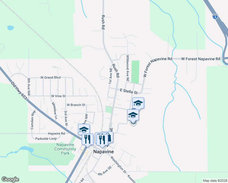 map of restaurants, bars, coffee shops, grocery stores, and more near 112 East Stella Street in Napavine