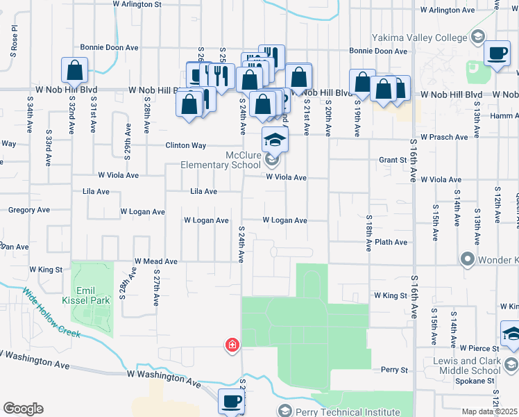 map of restaurants, bars, coffee shops, grocery stores, and more near 2208 Lila Avenue in Yakima