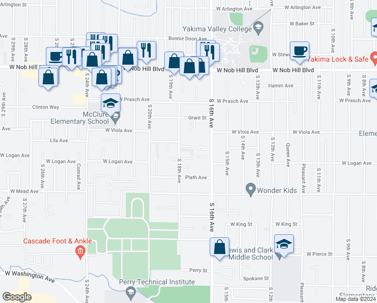 map of restaurants, bars, coffee shops, grocery stores, and more near 1309 South 18th Avenue in Yakima