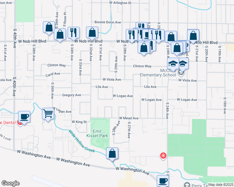 map of restaurants, bars, coffee shops, grocery stores, and more near 2800 West Viola Avenue in Yakima