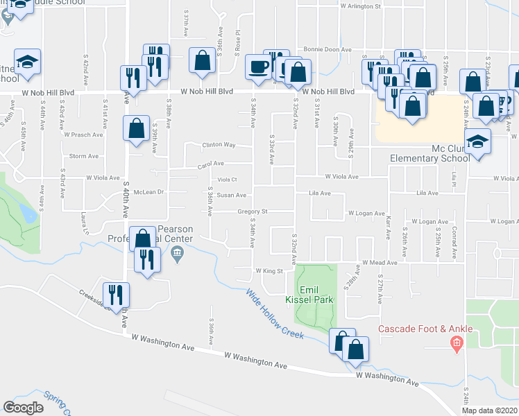 map of restaurants, bars, coffee shops, grocery stores, and more near 3306 West Viola Avenue in Yakima