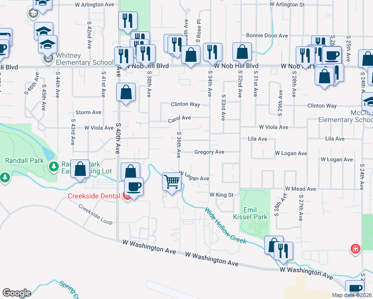 map of restaurants, bars, coffee shops, grocery stores, and more near 3510 Susan Avenue in Yakima