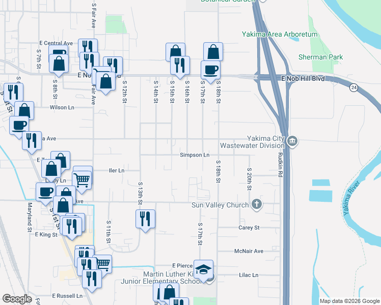 map of restaurants, bars, coffee shops, grocery stores, and more near 1606 E Viola Ave in Yakima