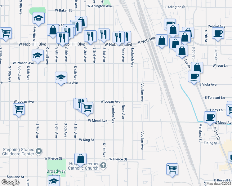 map of restaurants, bars, coffee shops, grocery stores, and more near 1307 Landon Ave in Yakima