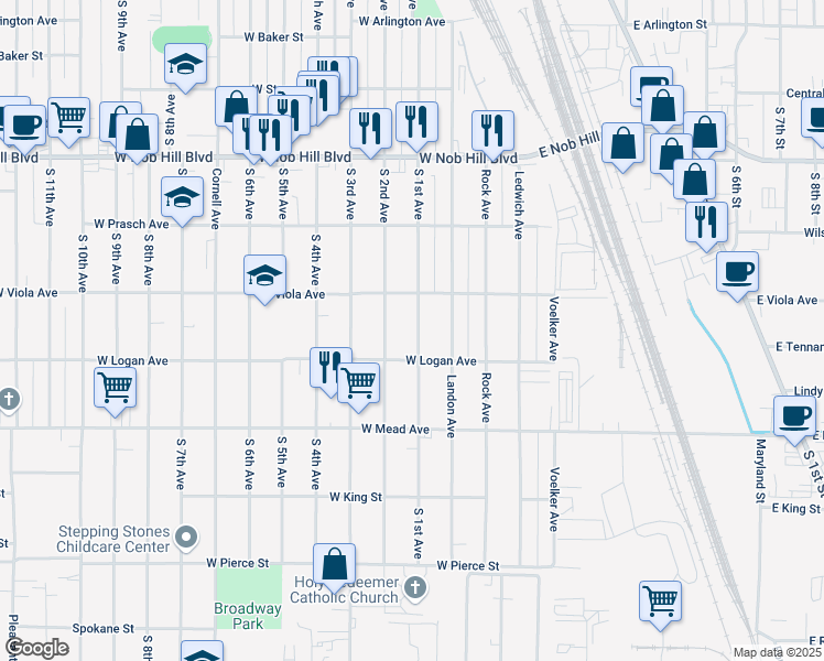 map of restaurants, bars, coffee shops, grocery stores, and more near 1312 South 1st Avenue in Yakima