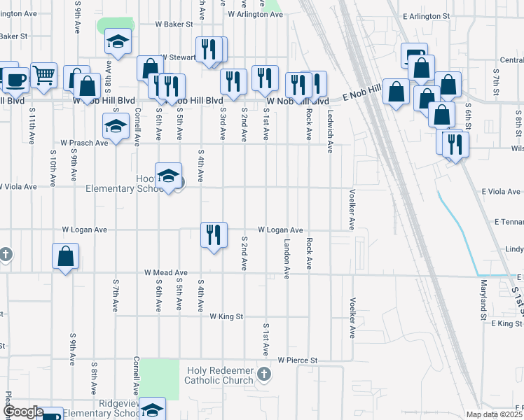 map of restaurants, bars, coffee shops, grocery stores, and more near 1312 South 1st Avenue in Yakima