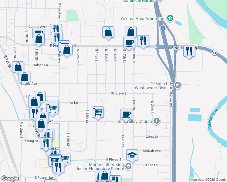 map of restaurants, bars, coffee shops, grocery stores, and more near 1606 E Viola Ave in Yakima