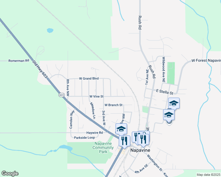 map of restaurants, bars, coffee shops, grocery stores, and more near 527 2nd Avenue Northwest in Napavine