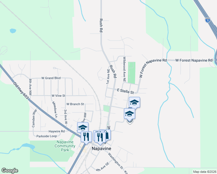 map of restaurants, bars, coffee shops, grocery stores, and more near 112 East Stella Street in Napavine
