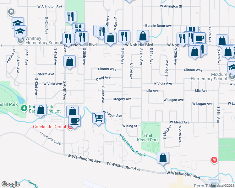 map of restaurants, bars, coffee shops, grocery stores, and more near 3406 Susan Avenue in Yakima
