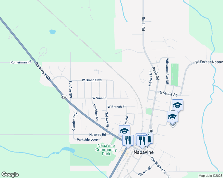 map of restaurants, bars, coffee shops, grocery stores, and more near 527 2nd Avenue Northwest in Napavine