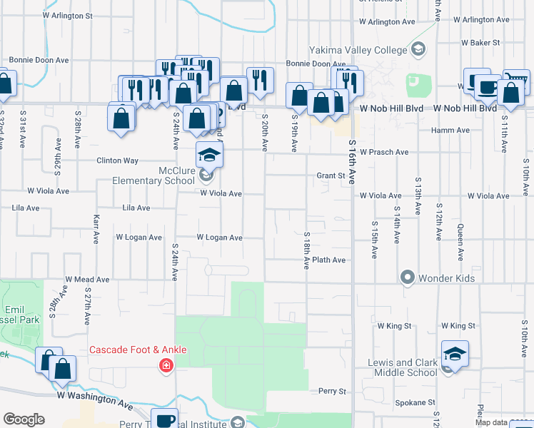 map of restaurants, bars, coffee shops, grocery stores, and more near 1309 S 20th Ave in Yakima