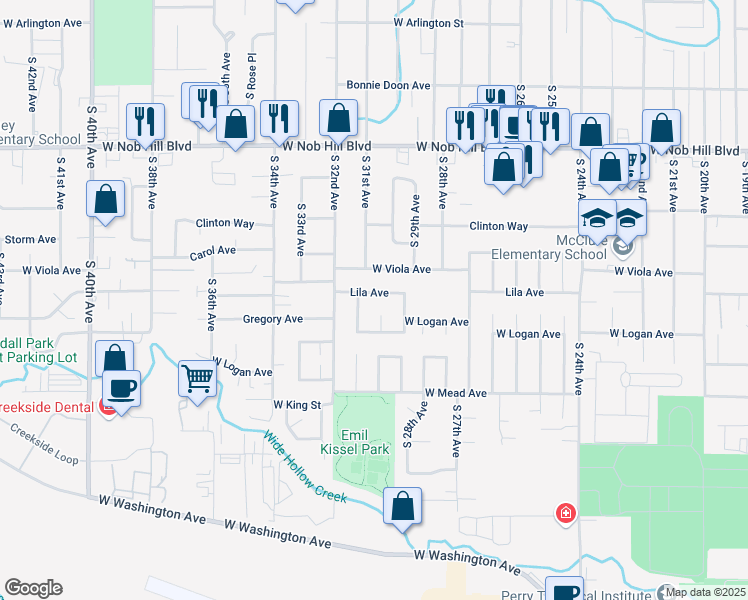 map of restaurants, bars, coffee shops, grocery stores, and more near 3102 Lila Avenue in Yakima