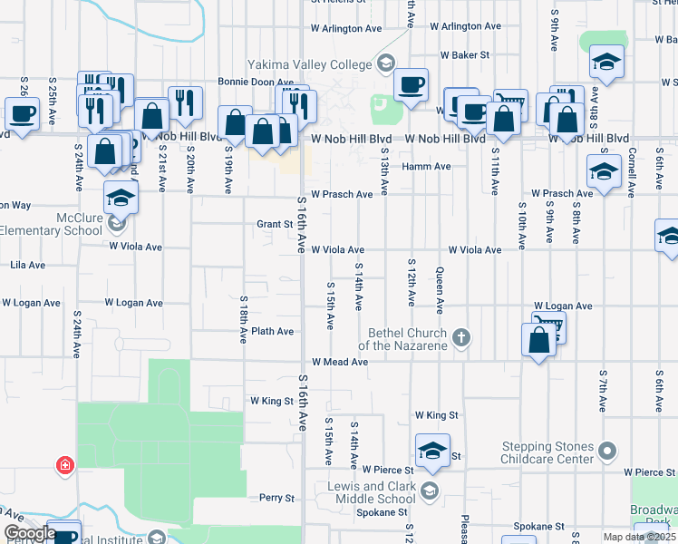 map of restaurants, bars, coffee shops, grocery stores, and more near 1310 South 14th Avenue in Yakima