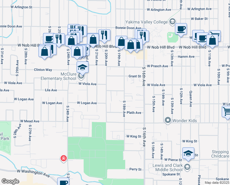 map of restaurants, bars, coffee shops, grocery stores, and more near 1804 Greenway Avenue in Yakima