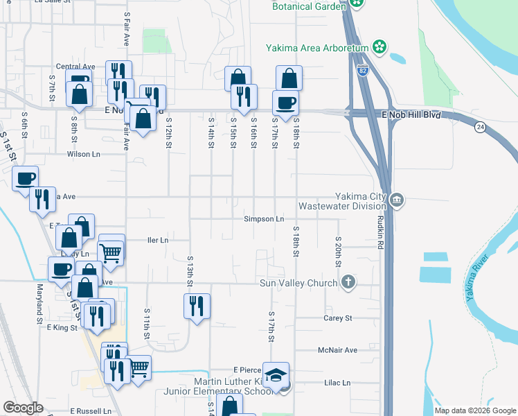 map of restaurants, bars, coffee shops, grocery stores, and more near 1606 E Viola Ave in Yakima