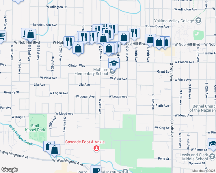 map of restaurants, bars, coffee shops, grocery stores, and more near 2208 Lila Avenue in Yakima