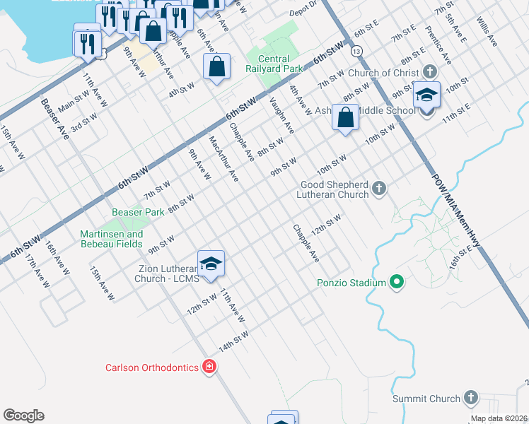 map of restaurants, bars, coffee shops, grocery stores, and more near 1000 Macarthur Avenue in Ashland