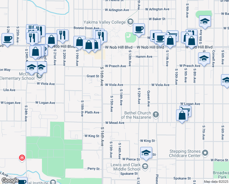 map of restaurants, bars, coffee shops, grocery stores, and more near 1310 South 14th Avenue in Yakima