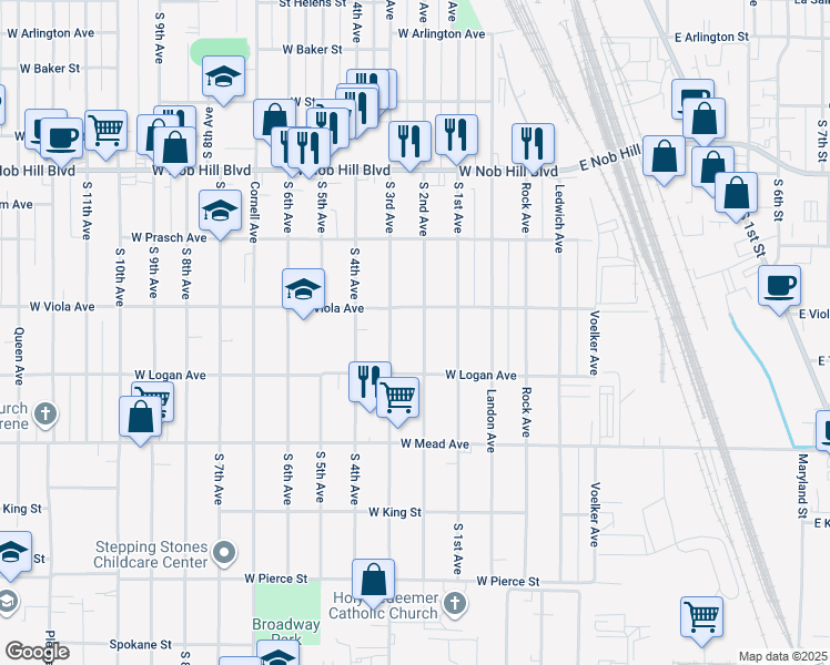 map of restaurants, bars, coffee shops, grocery stores, and more near 1306 South 2nd Avenue in Yakima