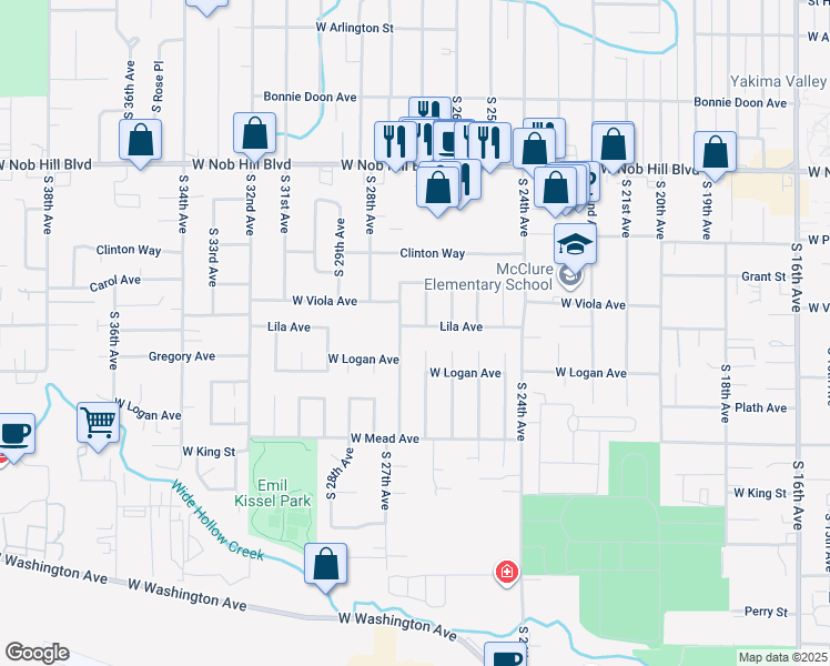 map of restaurants, bars, coffee shops, grocery stores, and more near 2604 Lila Avenue in Yakima