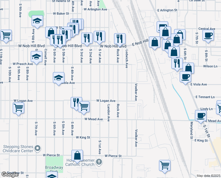 map of restaurants, bars, coffee shops, grocery stores, and more near 1307 Landon Avenue in Yakima