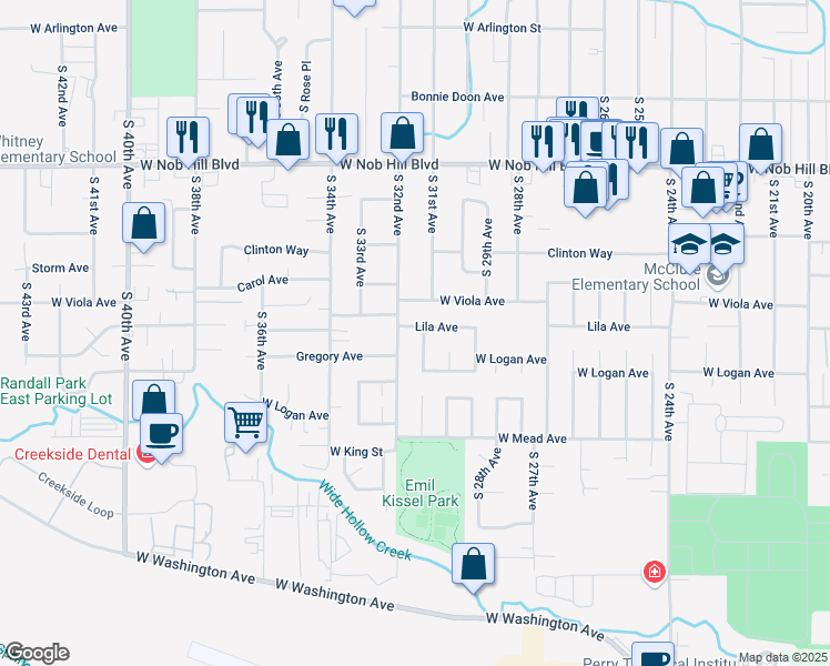 map of restaurants, bars, coffee shops, grocery stores, and more near 3102 Lila Avenue in Yakima