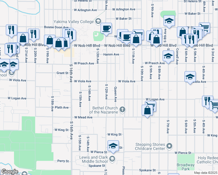 map of restaurants, bars, coffee shops, grocery stores, and more near 1307 S 12th Ave in Yakima