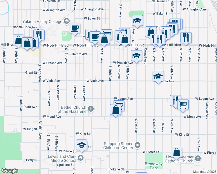 map of restaurants, bars, coffee shops, grocery stores, and more near 1308 South 10th Avenue in Yakima