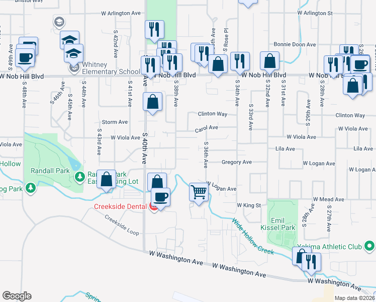 map of restaurants, bars, coffee shops, grocery stores, and more near 3608 McLean Drive in Yakima