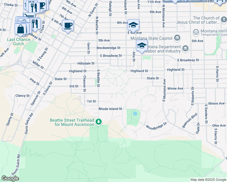 map of restaurants, bars, coffee shops, grocery stores, and more near 800 2nd Street in Helena