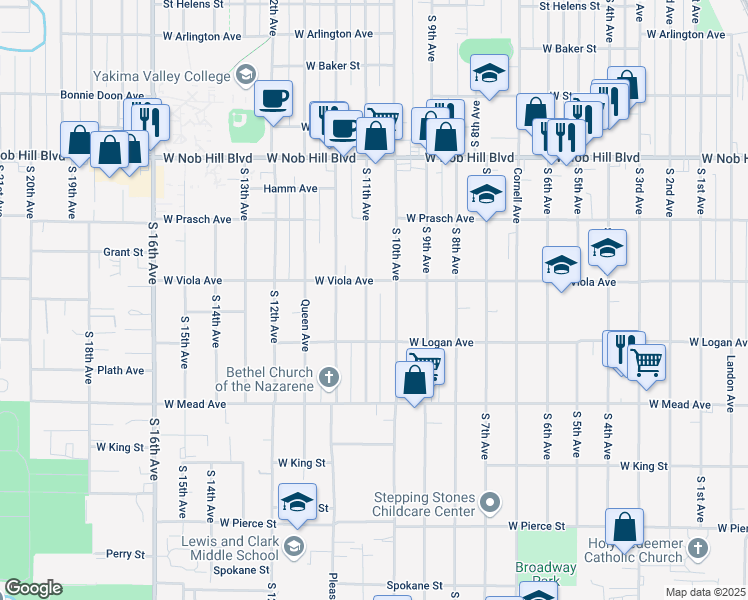 map of restaurants, bars, coffee shops, grocery stores, and more near 1308 South 10th Avenue in Yakima