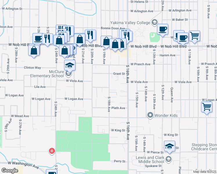 map of restaurants, bars, coffee shops, grocery stores, and more near 1309 South 18th Avenue in Yakima