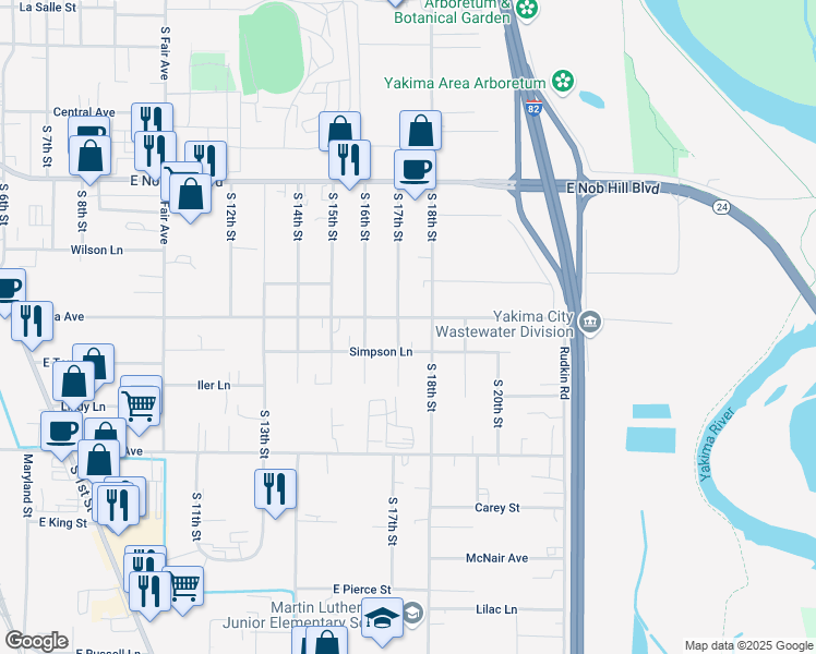 map of restaurants, bars, coffee shops, grocery stores, and more near 1704 E Viola Ave in Yakima