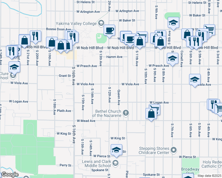 map of restaurants, bars, coffee shops, grocery stores, and more near 1307 S 12th Ave in Yakima