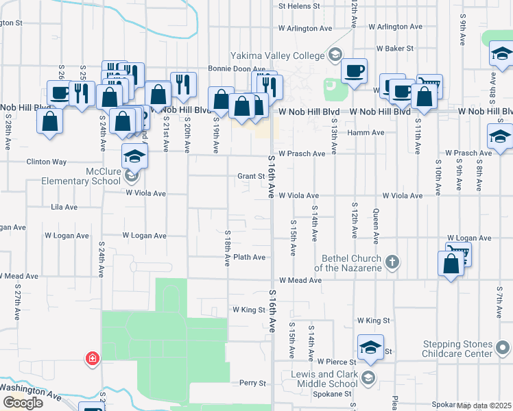 map of restaurants, bars, coffee shops, grocery stores, and more near 1302 South 16th Avenue in Yakima