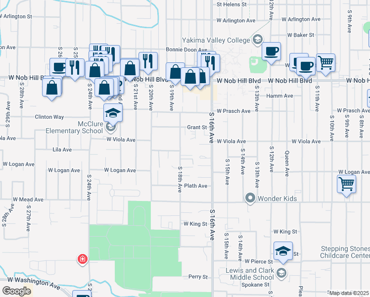 map of restaurants, bars, coffee shops, grocery stores, and more near 1309 South 18th Avenue in Yakima