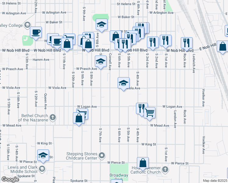 map of restaurants, bars, coffee shops, grocery stores, and more near 1307 Cornell Avenue in Yakima