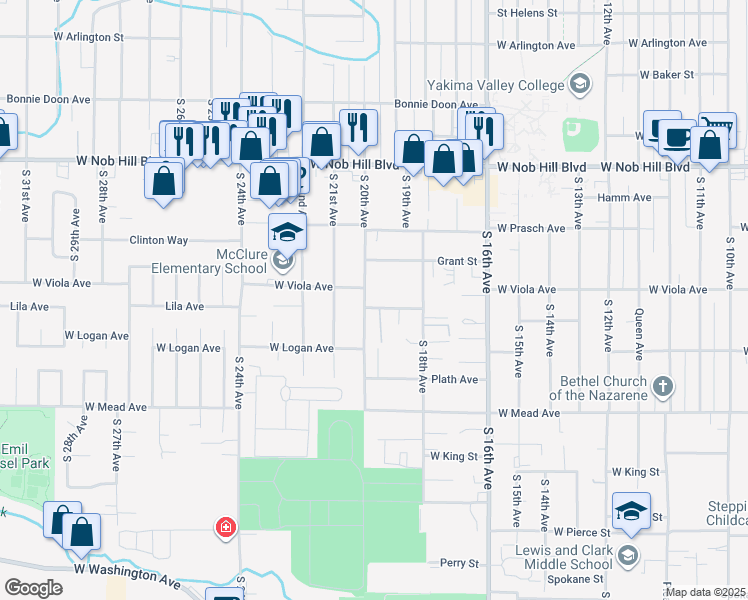 map of restaurants, bars, coffee shops, grocery stores, and more near 1309 South 20th Avenue in Yakima