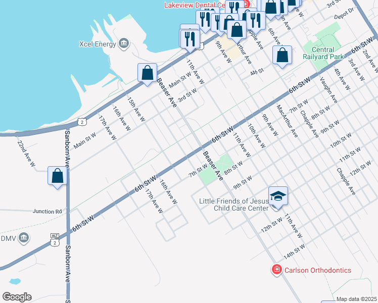 map of restaurants, bars, coffee shops, grocery stores, and more near 1323 6th Street West in Ashland