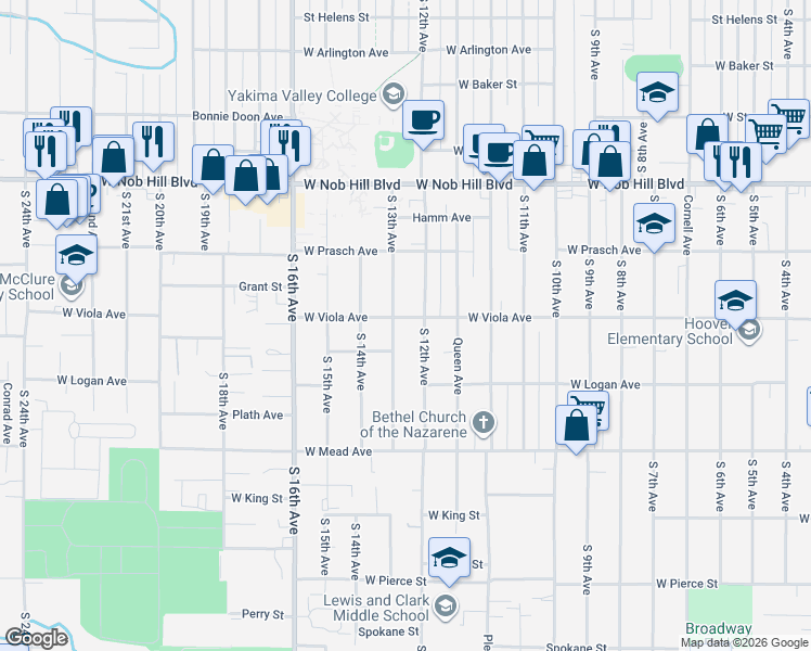 map of restaurants, bars, coffee shops, grocery stores, and more near 1310 South 13th Avenue in Yakima
