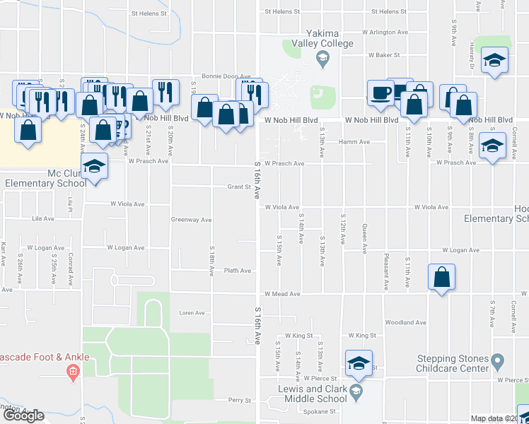 map of restaurants, bars, coffee shops, grocery stores, and more near 1310 South 15th Avenue in Yakima