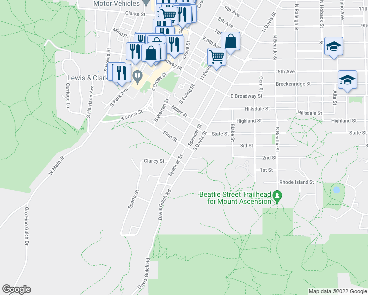 map of restaurants, bars, coffee shops, grocery stores, and more near 415 South Rodney Street in Helena