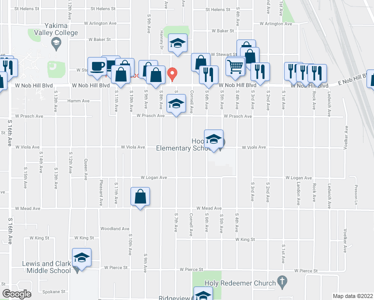 map of restaurants, bars, coffee shops, grocery stores, and more near 614 West Viola Avenue in Yakima