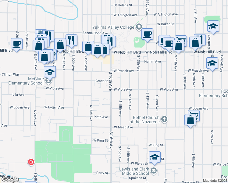 map of restaurants, bars, coffee shops, grocery stores, and more near 1310 South 15th Avenue in Yakima