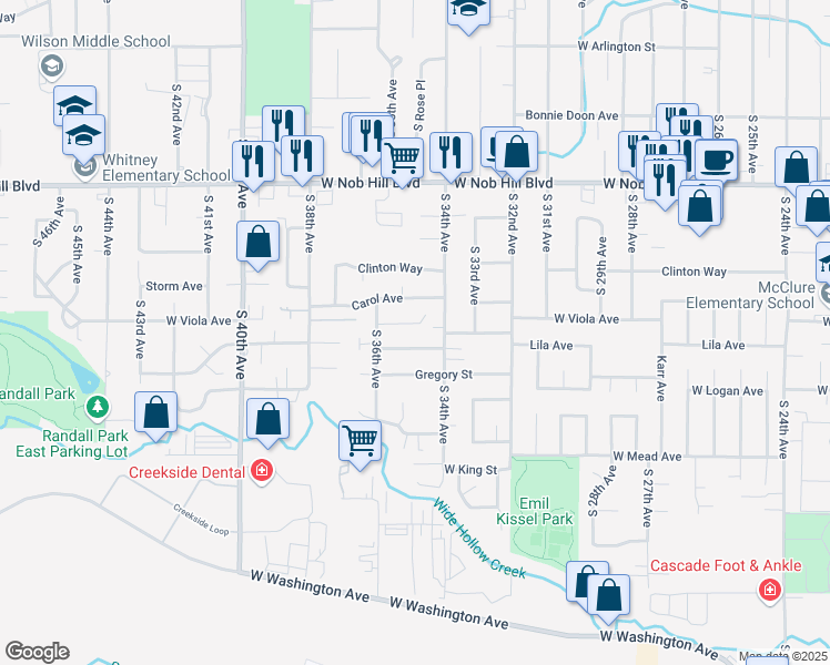 map of restaurants, bars, coffee shops, grocery stores, and more near 3404 Viola Court in Yakima