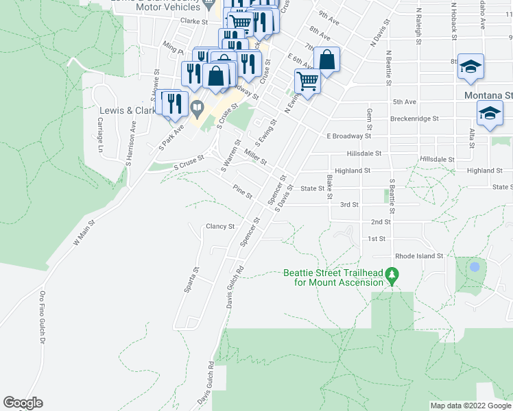 map of restaurants, bars, coffee shops, grocery stores, and more near 415 South Rodney Street in Helena